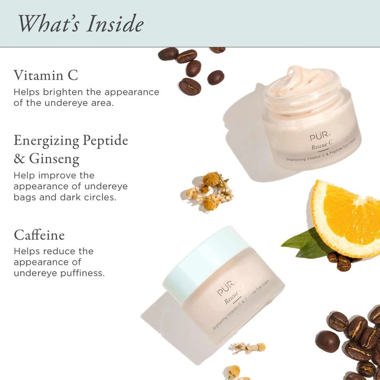 PUR Rescue C Brightening Vitamin C Peptide Eye Cream 15ml ingrediënten zoals vitamine C, cafeïne en energizing peptide op een lichte achtergrond.