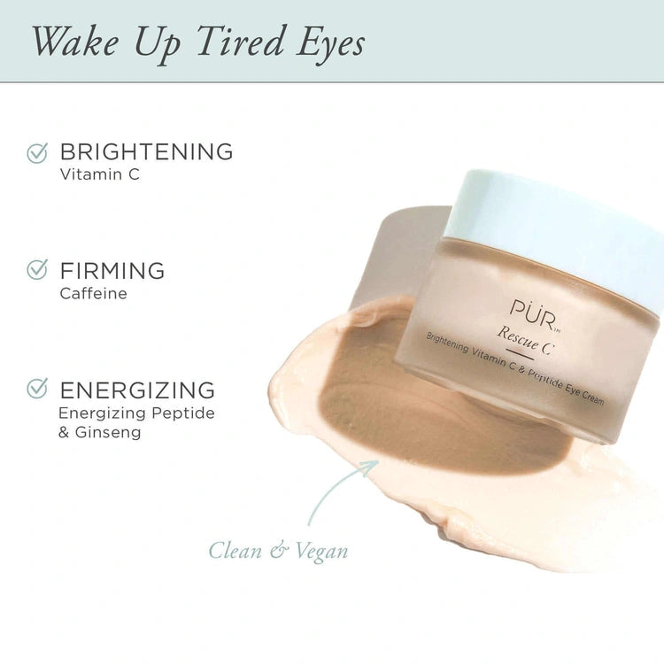 PUR Rescue C Brightening Vitamin C Peptide Eye Cream 15ml met crème en textuurdetail voor het verhelderen van vermoeide ogen.
