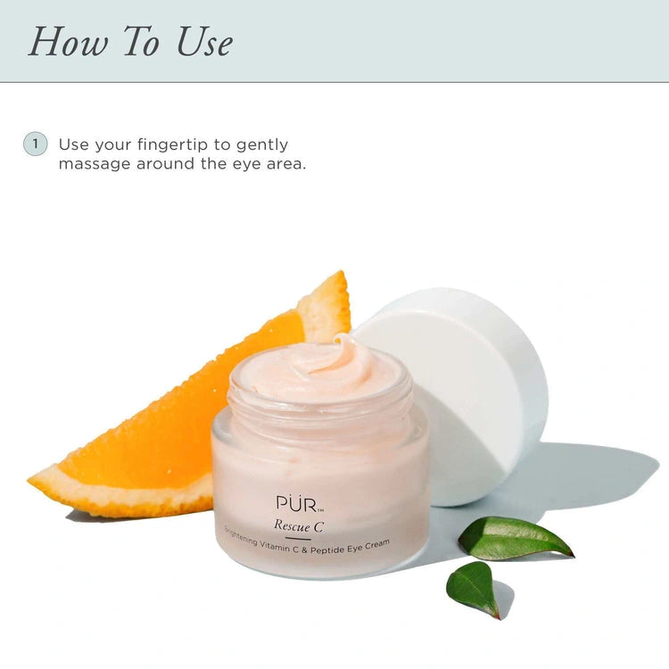 PUR Rescue C Brightening Vitamin C Peptide Eye Cream 15ml met een oranje schijfje en een groene blad, gebruikstips voor de oogcrème.
