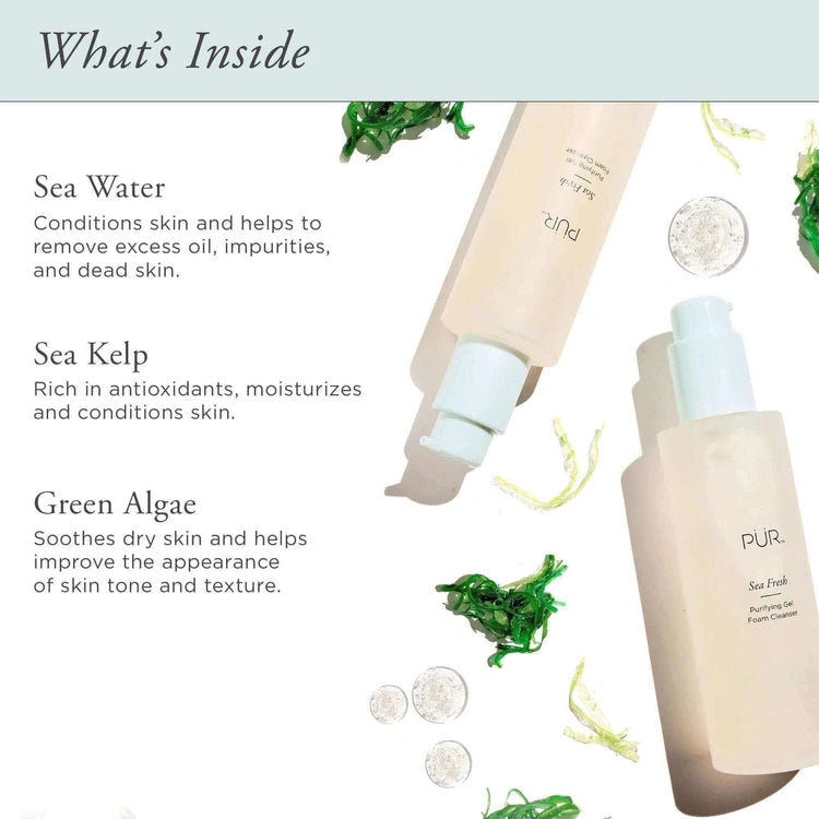PUR Sea Fresh Purifying Gel Foam Cleanser 150ml met ingrediënten zoals zeewater, zeekelp en groene algen voor een frisse huid.