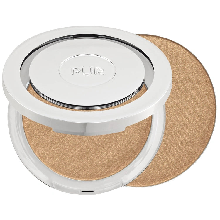 PUR Skin Perfecting Mineral Glow Bronzing Powder 8g in gesloten en open verpakking, bronskleur met shimmer voor een natuurlijke glow.