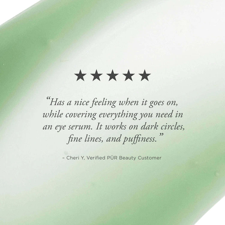PUR Tone Up Niacinamide Firming Eye Serum 12,5ml klantbeoordeling met 5 sterren en tekst over donkas cirkels & rimpels.