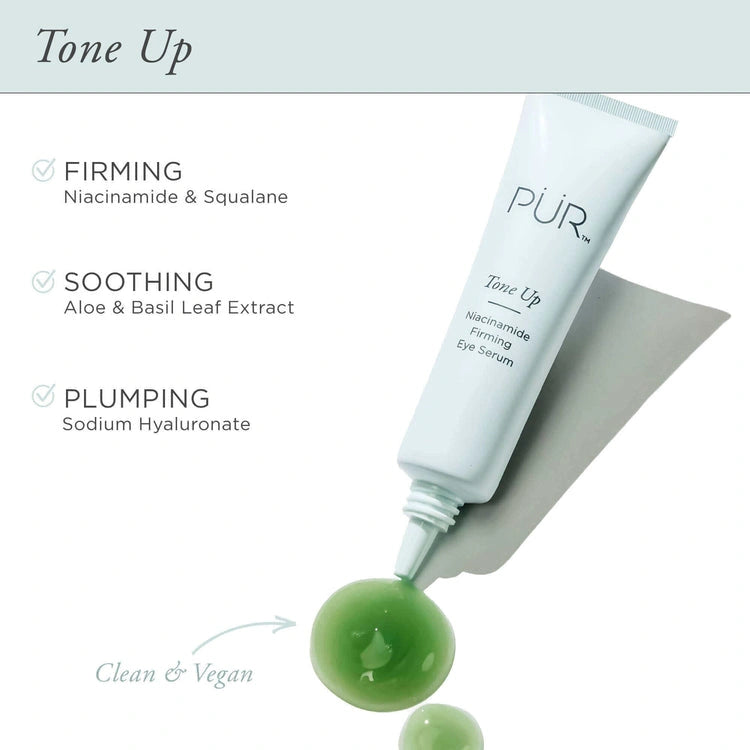PUR Tone Up Niacinamide Firming Eye Serum 12,5ml met groene gel en natuurlijke ingrediënten voor versteviging en hydratatie.