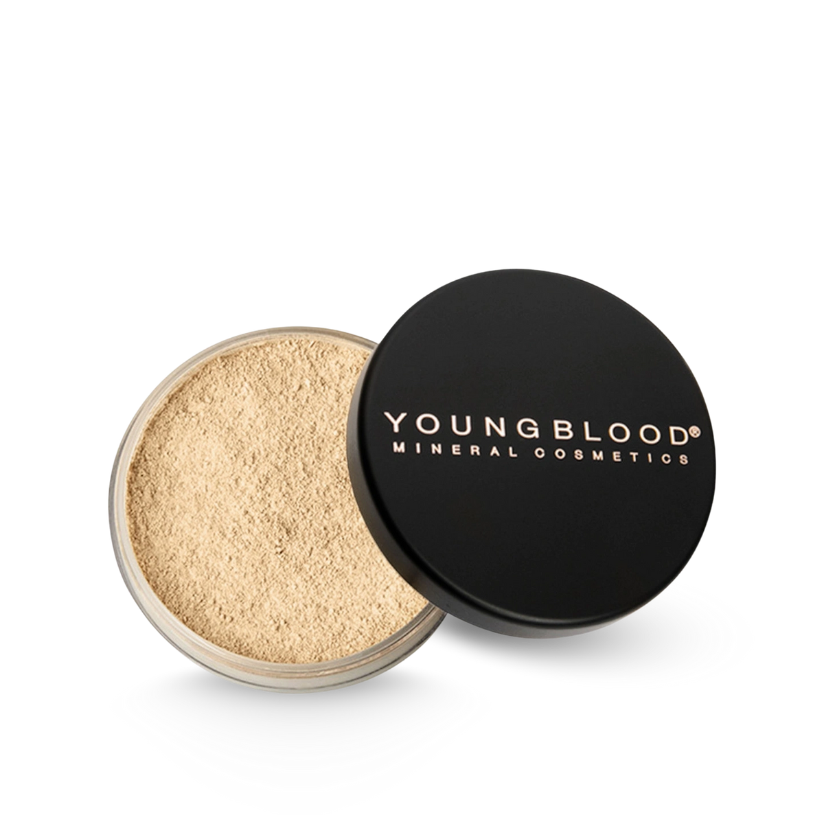 Youngblood Natural Loose Mineral Foundation Soft Beige 10g in zwarte verpakking met los poeder voor zachte warme ondertoon.