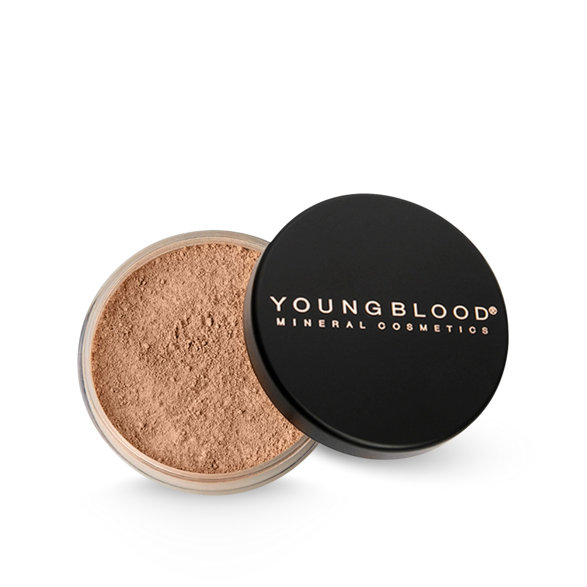 Youngblood Natural Loose Mineral Foundation Toffee 10g, minerale poederfoundation in een zwart potje met warme tint.